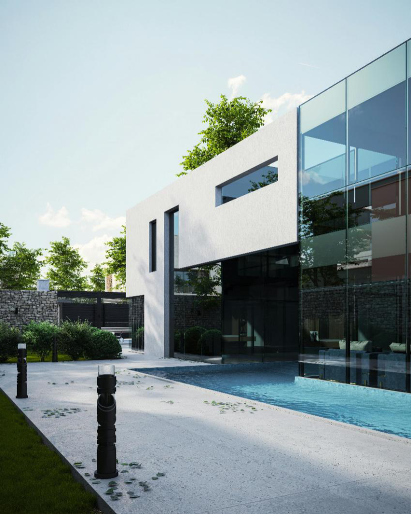 An image of a modern house with a swimming pool with a concrete pool deck