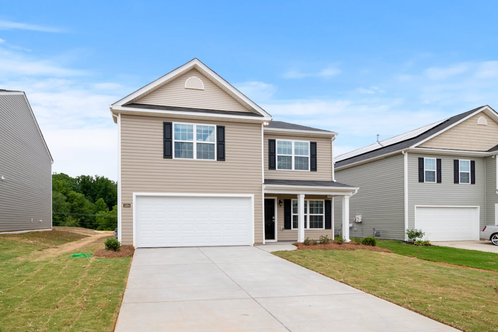 A house with a white garage door