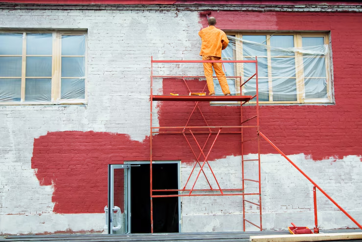 A painter painting the exterior of a building