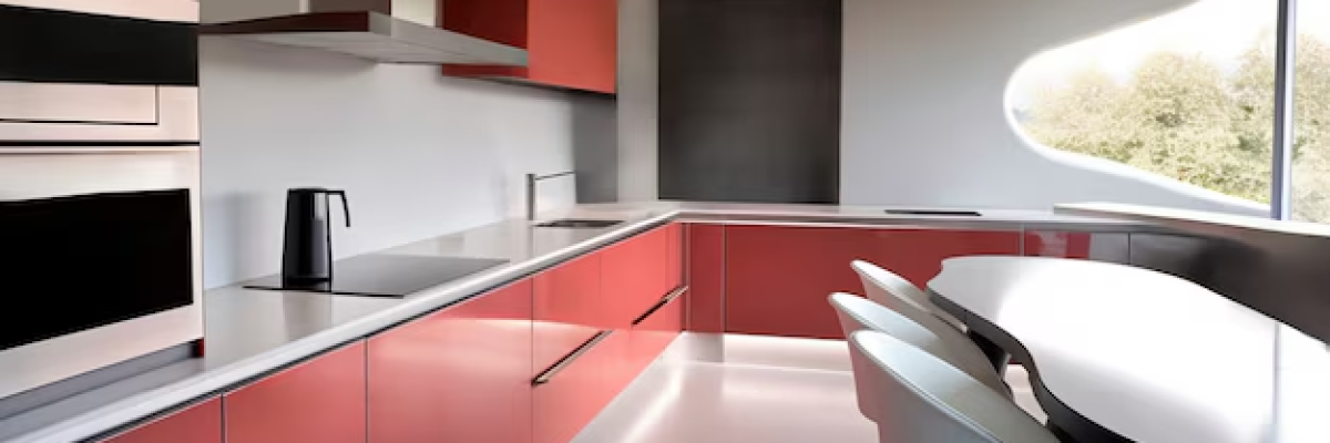 A kitchen with newly painted cabinets